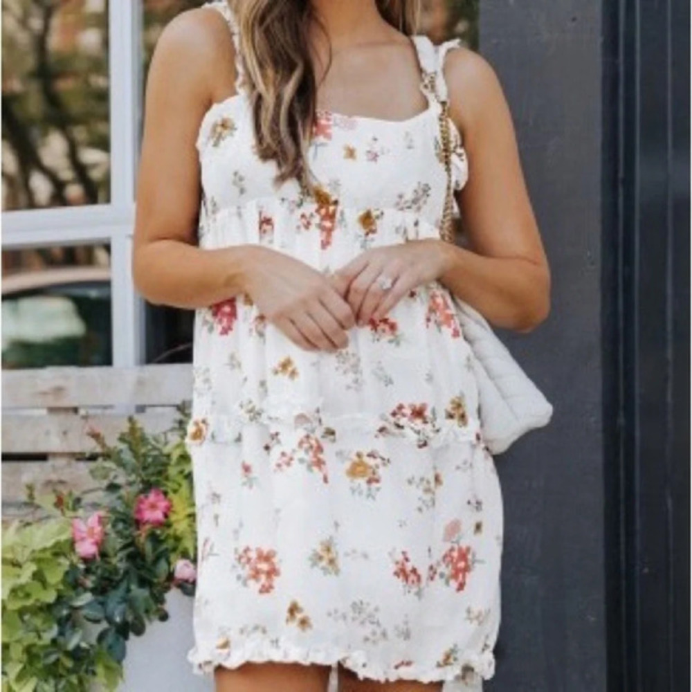 White Floral Mini Dress Ruffle Hem Summer NWT